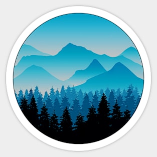 Vintage Blue Mountain and Forest Scene Silhouette Sticker